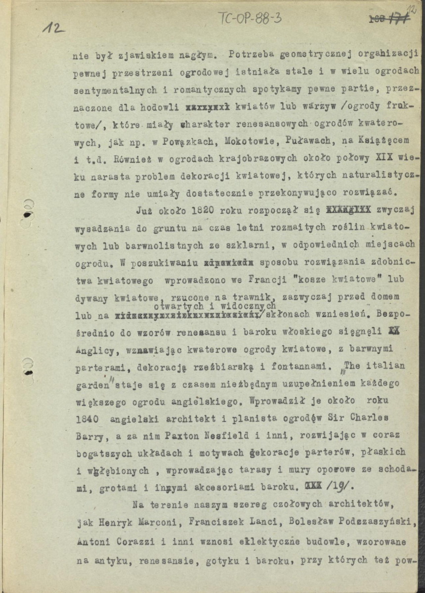 tekst, materiał roboczy do rozdziału VII "Naturalizm i eklektyzm XIX wieku" do wydawnictw: „Ogrody Polskie” i „Zarys historii kompozycji…”; kolejna wersja zmian, strony całe i karty z naklejonymi fragmentami tekstu, skan 12