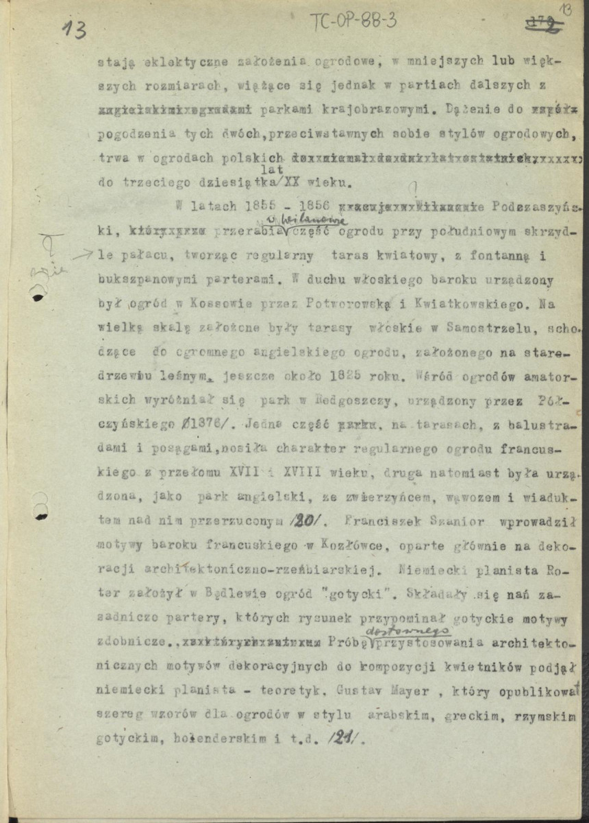 tekst, materiał roboczy do rozdziału VII "Naturalizm i eklektyzm XIX wieku" do wydawnictw: „Ogrody Polskie” i „Zarys historii kompozycji…”; kolejna wersja zmian, strony całe i karty z naklejonymi fragmentami tekstu, skan 13