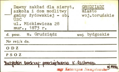 dawny zakład dla sierot, szkoła i dom modlitwy gminy żydowskiej - ob. USC, skan 1