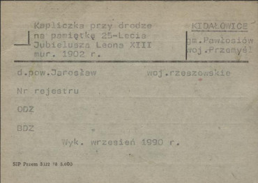 kapliczka przy drodze na pamiątkę 25-lecia Jubileuszu Leona XIII, skan 1