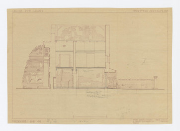 Przybytek Arcykapłana - przekrój (D-D), inwentaryzacja z naniesionymi ołówkiem projektami zmian i uwagami o zmianach 1:50, skan 1