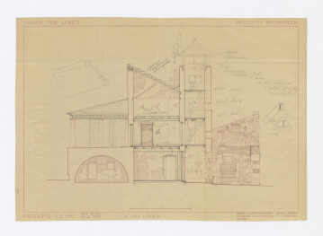 Przybytek Arcykapłana - przekrój (G-G), inwentaryzacja z naniesionymi ołówkiem projektami zmian i uwagami o zmianach 1:50, skan 1