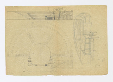 Arkadia, projekt roboczy amfiteatru. Rzut i widok. Na odwrocie rysunek perspektywiczny amfiteatru, 1:100, skan 1