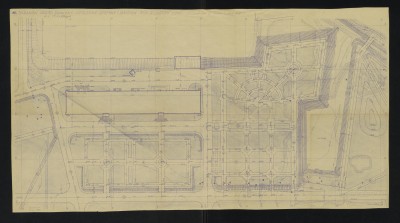 Baranów ogród zamkowy, rysunek roboczy - otoczenie oficyny i bastion, 1:200, skan 1