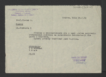 prośba o kontakt ze strony Pracowni Sztuk Plastycznych (Oddział w Krakowie) z 26 sierpnia 1960 r. w sprawie zlecenia opracowania dokumentacji dla parku w Kozłówce , skan 1