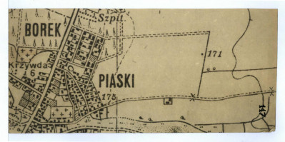 fragment tekturowej mapy z widocznymi zabudowaniami; według wpisu na odwrotnej stronie usytuowanych w południowej części Tarnobrzega (1 : 5000)                  , skan 1