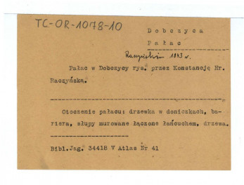 wypis z Biblioteki Jagiellońskiej dotycząca jednej z ilustracji zachowanych w obwolucie (34418 V Atlas nr 41), skan 1