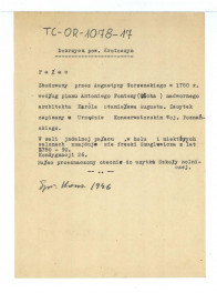 Sprawozdanie Konserwatora z roku 1946 dotycząca pałacu w ww. miejscowości; dwie karty, skan 1