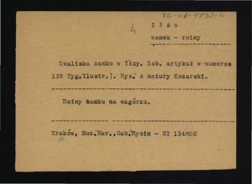 trzy karty opisowe do fotografii ukazujących ruiny zamku na wzgórzu oraz zamek i drogę doń prowadzącą; ze zbiorów Gabinet Rycin Muzeum Narodowego w Krakowie , skan 2