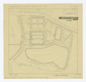 1:1000; plan sytuacyjny przeskalowany - według pomiaru Katedry Planowania Przestrzennego Politechniki Krakowskiej z 1955 roku, skan 1