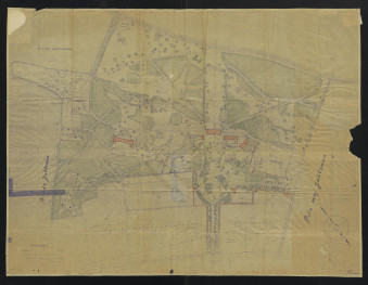 plan sytuacyjno-wysokościowy. Napisy objaśniające. Określone własności gruntów sąsiadujących z założeniem parkowym, skan 1