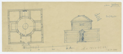 Ogród pałacowy. Odrys jednego z pawilonów ogrodowych. Elewacja i rzut. Rysunek archiwalny., skan 1
