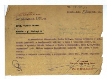Powiadomienie dla Gerarda Ciołka o przesłaniu w załączeniu protokołu z konferencji z 8 wrzesnia 1961 r., skan 1