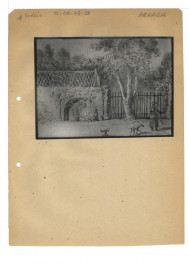 reprodukcja rysunku Jana Piotra Norblina z Widoki w albumie, kat. 15, widok fragmentu murowanego ogrodzenia ze ślepą arkadą i hermami (Muzeum Narodowe w Krakowie, zbiory Czartoryskich), skan 1