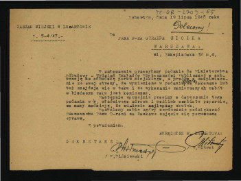 zawiadomienie o załączeniu podania do ministerstwa odbudowy przesłanej G. Ciołkowi przez zarząd miejski w Lubartowie z 19 lipca 1948 r. , skan 1