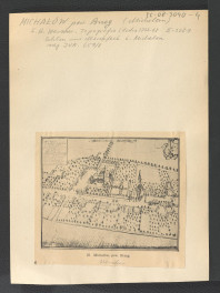 fotografia czarno-biała reprodukcji ryciny pochodzącej z Wernher F.B., Topografia Śląska, 1744-1768, a przedstawiającej tę miejscowość z lotu ptaka, skan 1