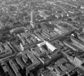 zabudowa centrum miasta.  Fragment zabudowy centrum w otoczeniu ul. Piotrkowskiej, Kościuszki i  Zachodniej od strony południowej - wschodniej, skan 1