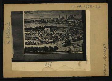 wycinek z prasy lub publikacji tematycznej ukazujący panoramę w tej miejscowości na tle Krakowa; być może reprodukcja sztychu Meriana i Vischera de Jonghe z pocz. XVII w. , skan 1