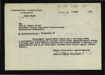 prośba z 7 maja 1960 r. o sporządzenie kosztorysu do projektu technicznego zagospodarowania przestrzennego Domu Pracy Twórczej Uniwersytetu Jagiellońskiego w tej miejscowości , skan 1