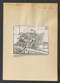 fotografia czarno-biała reprodukcji ryciny przedstawiającej rycinę pochodzącą z Wernher F.B., Topografia Śląska, 1744-1768, a przedst. zabudowę w tej miejscowości widocznej z lotu ptaka    , skan 1