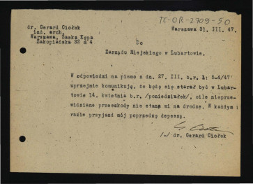 zawiadomienie ze strony G. Ciołka dla zarządu miejskiego w Lubartowie z 31 marca 1947 r. dotyczący prawdopodobnego przyjazdu nadawcy do w tej miejscowości 14 kwietnia 1947 r. , skan 1