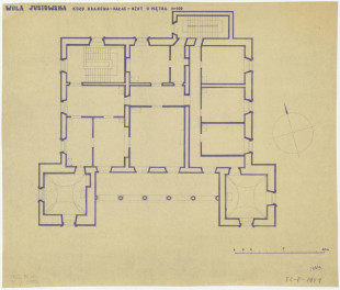 rzut II piętra. Plan orientowany. Napis: WOLA JUSTOWSKA KOŁO KRAKOWA - PAŁAC - RZUT II PIĘTRA, skala 1:100, skan 1