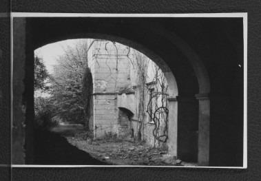 fotografia czarno-biała przedstawiająca przejście do ogrodu, skan 1