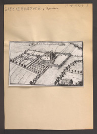 fotografia czarno-biała reprodukcji ryciny zamieszczonej w Wernher F.B., Topografia Śląska, 1744-1768 ukazującej widok z tzw. lotu ptaka na miejscowy zespół zamkowy                                             , skan 1