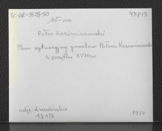 3 fotografie czarno-białe przedstawiające plan sytuacyjny gruntów Pałacu Kazimierzowskiego z pocz. XVIII w. – ze zbiorów Archiwum w Dreźnie; 1950 r., skan 4