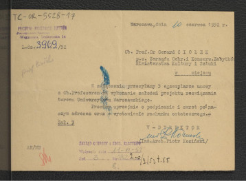 prośba z 10 czerwca 1952 r. ze strony PKZ w Warszawie do G. Ciołka o podpisanie i zwrot rachunku ostatecznego odnośnie wykonania założeń projektu rozwiązania terenu Uniwersytetu Warszawskiego , skan 1