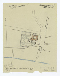 plan sytuacyjny klasztoru  z zabudowaniami klasztornymi i ogrodami z 1882 roku /według planu w zbiorach Zakładu Architektury Politechniki, skan 1