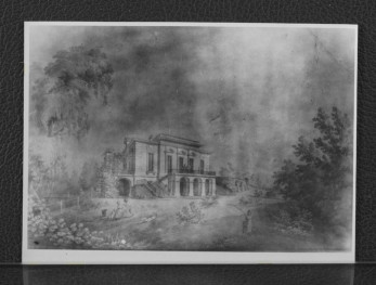 fotografia czarno-biała przedstawiająca pałacyk Elżbiety Lubomirskiej w Mokotowie, późniejszy pałac Szustrów; widok od wschodu z lat 80. XVIII w., skan 1