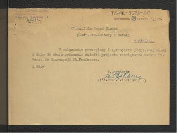 zawiadomienie z 23 czerwca 1952 r. ze strony PKZ dla G. Ciołka wraz z egzemplarzem umowy na wykonanie założeń projektu rozwiązania terenu Uniwersytetu przy ul. Krakowskie Przedmieście 24, 26/28, 30 i 32 podpisaną 30 maja 1952 r.; cztery karty , skan 1