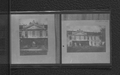 3 mini-fotografie (tzw. wglądówki) czarno-białe przedstawiające elewacje miejscowego pałacu, skan 1
