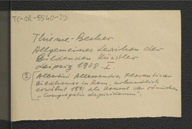 odsyłacz do Thieme-Becher, Allgemeines Lexihan der Bildenden Künster, t. I, Leipzig 1908 oraz Alberini Allesandro, Florentiner Bildhauerer in Rom, urhundlich ewuresmet 1591… , skan 1