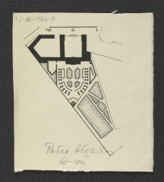 fragment nadbitki ukazującej plan ogrodu przy miejscowym pałacu z 1732 r. według P. M. Pöppelmanna , skan 1