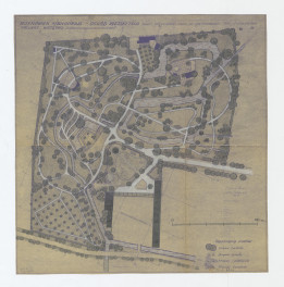plan sytuacyjno - wysokościowy oraz projekt zagospodarowania terenu. Napisy: województwo LUBELSKIE. PLAN SYTUACYJNO - WYSOKOŚCIOWY ZABYTKOWEGO PARKU. SKALA 1:500. ROŻNÓWKA k/BIŁGORAJA - OGRÓD MIEJSKI 1:500. PROJEKT. PROFESOR DR Gerard Ciołek.  INŻYNIER STANISŁAW MIŁOSZEWSKI. PSP  5 /KRAKÓW 1959.  PROJEKT WSTĘPNY. (ZAGOSPODAROWANIA PRZESTRZENNEGO).  napisy objaśniające, wykaz drzew oraz objaśnienie znaków, skan 1