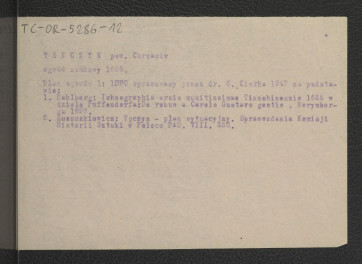 karta opisowa do planu ogrodu (1 : 1000) opracawana  przez G. Ciołka w 1947 r. na podstawie Pufendorf  S., Rebus a Carolo Gustavo gestarum…, Norymberga 1696 oraz Łuszckiewicz W., Tęczyn – plan sytuacyjny. Sprawozdanie Komisji Historii Sztuki w Polsce, PAU, VIII, 330, skan 1