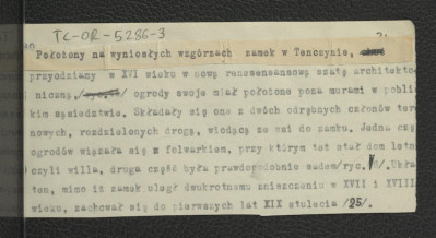 notatka dotycząca miejscowego zamku według wzorców renesansowych, tamtejszego folwarku oraz zniszczeń dokonanych w kolejnych stuleciach , skan 1