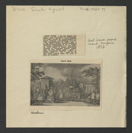 wycinek z fragmentem tekstu zamieszczonym w Kalendarzu Warszawskim popul. Nauk Ungera (1857) dotyczący dziejów miejscowego ogrodu od chwili założenia po rok 1817; reprodukcja ryciny ukazującej fontannę w ogrodzie                                   , skan 1
