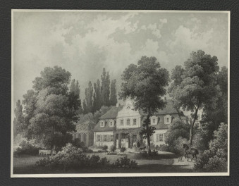 fotografia czarno-biała reprodukcji ryciny zamieszczonej prawdopodobnie w Duncker A., Posens Schloser und Burgen, Berlin 1887, a przedstawiającej zabudowania miejscowego dworu  , skan 1