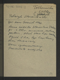 wypis ze Sprawozdania Wojewódzkiego Konserwatora Zabytków w Gdańsku z 1946 r. wzmiankujący pełnienie funkcji siedziby starosty, miejscowy pałac, drzewostan i powierzchnię miejscowego ogrodu oraz niedawny remont , skan 1