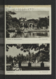 reprodukcja fotografii czarno-białych ukazujących Pałac na Wodzie od południowego zachodu (Bukowski) oraz fragment parku (Piotrowski), skan 1