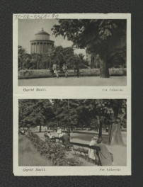 wycinki zawierające reprodukcje dwubarwnych fotografii autorstwa m.in. Falkowskiego i H. Poddębskiego ukazaujących widok na wodozbiór Zakład Architektury Polskiej projektowany przez H. Marconiego w 1854 r. oraz ogród saski; cztery karty , skan 4