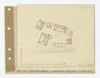 plan sytuacyjny. Napis: ROZTOKA RYTERSKA POWIAT NOWY SĄCZ Zakład ARCHITEKTURY POLITECHNIKI INWENTARZ 583; na podkładzie napis: RYCINA 121. ZAGRODA GÓRSKA O ZABUDOWIE ZWIĄZANEJ Z TERENEM. Plansza numerowana: 107/a  /regionalizm praca doktorska/, skan 1