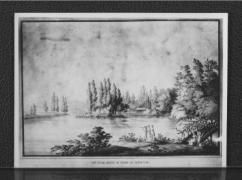 fotografia czarno-biała przedstawiająca fragment akwarelii autorstwa Z. Vogla ukazujący ogród mokotowski, skan 1
