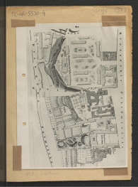 fotografia czarno-biała przedstawiająca reprodukcji planu z 1852 r. przedstawiającego Pałac Kazimierzowski oraz zabudowania Uniwersytetu Warszawskiego, skan 1