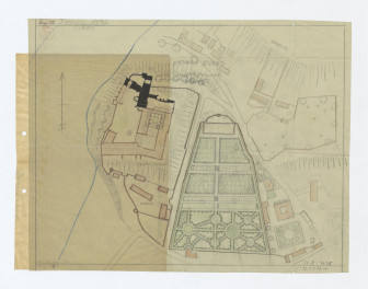 plan sytuacyjny ogrodu, klasztoru z kościołem i zabudowaniami klasztornymi oraz terenów przylegających. Sytuacja z 1845 roku, skan 1