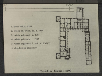 fotografia czarno-biała przedstawiająca rzut przyziemny miejscowego zamku (1 : 1500) wraz z wskazaniem wieku poszczególnych elementów budowli                          , skan 1