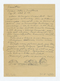 elewacja frontowa. Napis omawiający historię pałacu i parku oraz ich opis. Przerys z Tygodnika Ilustrowanego 1868.II.28, skan 1